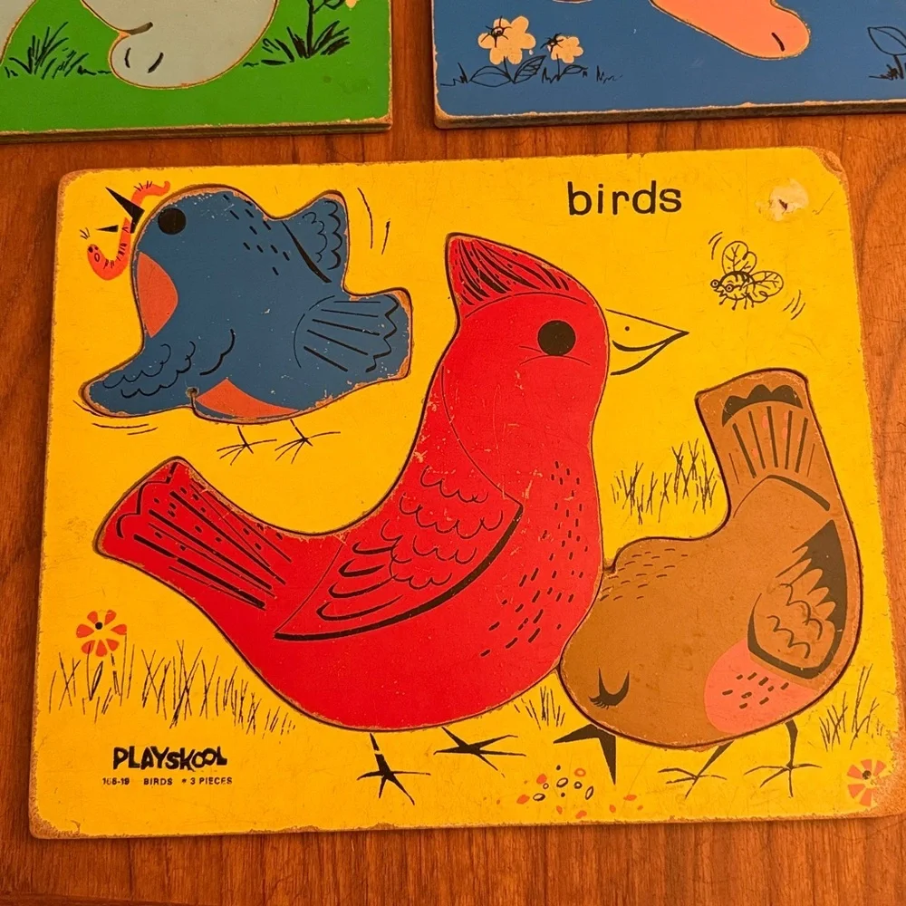 Vintage Playskool Wood Wooden First Puzzle Preschool Large Piece Set of 3